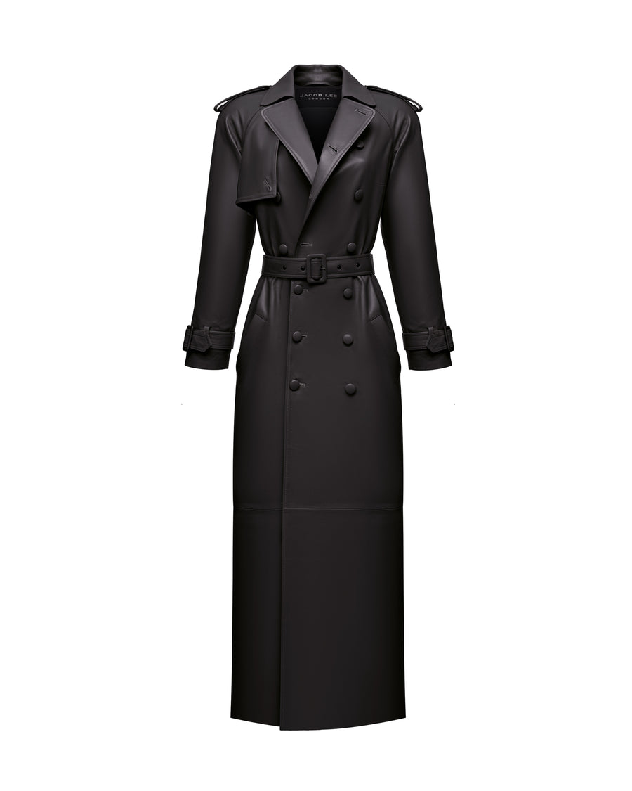 DOUBLE BREASTED TRENCH  COAT  IN BLACK LAMB  LEATHER
