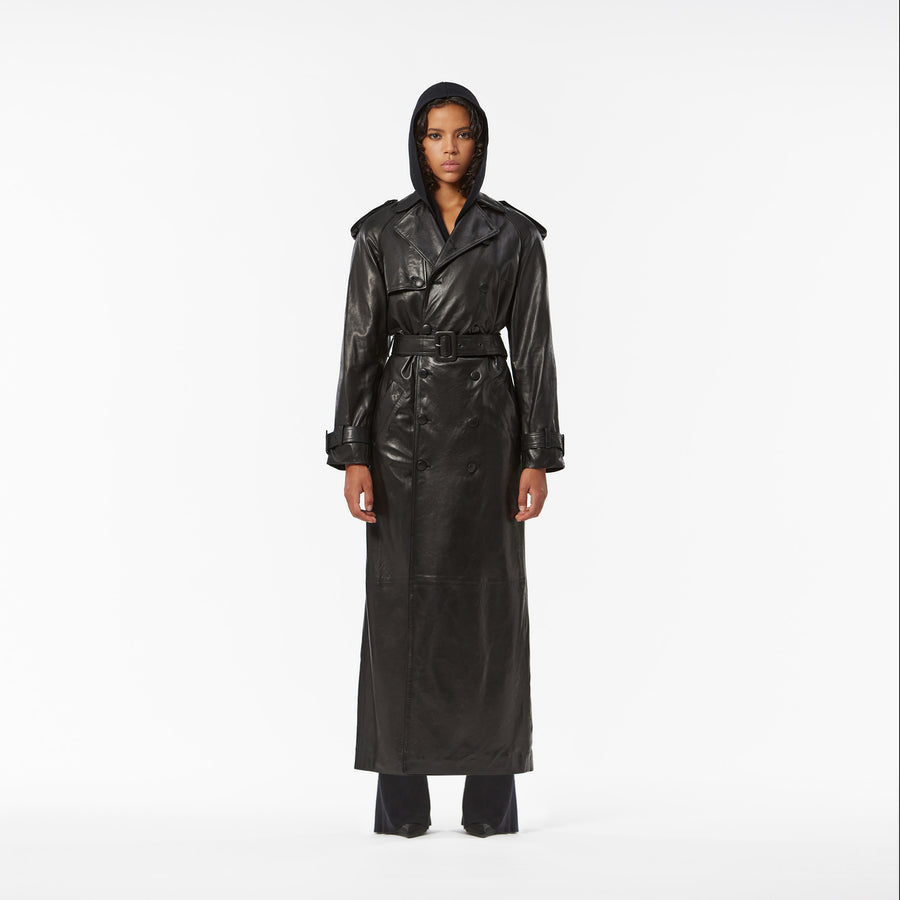 DOUBLE BREASTED TRENCH  COAT  IN BLACK LAMB  LEATHER
