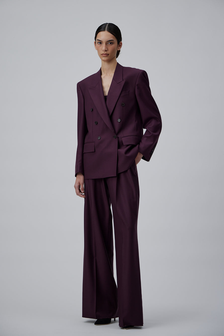 OVERSIZE DOUBLE-BREASTED SIX-BUTTON JACKET IN BERRY