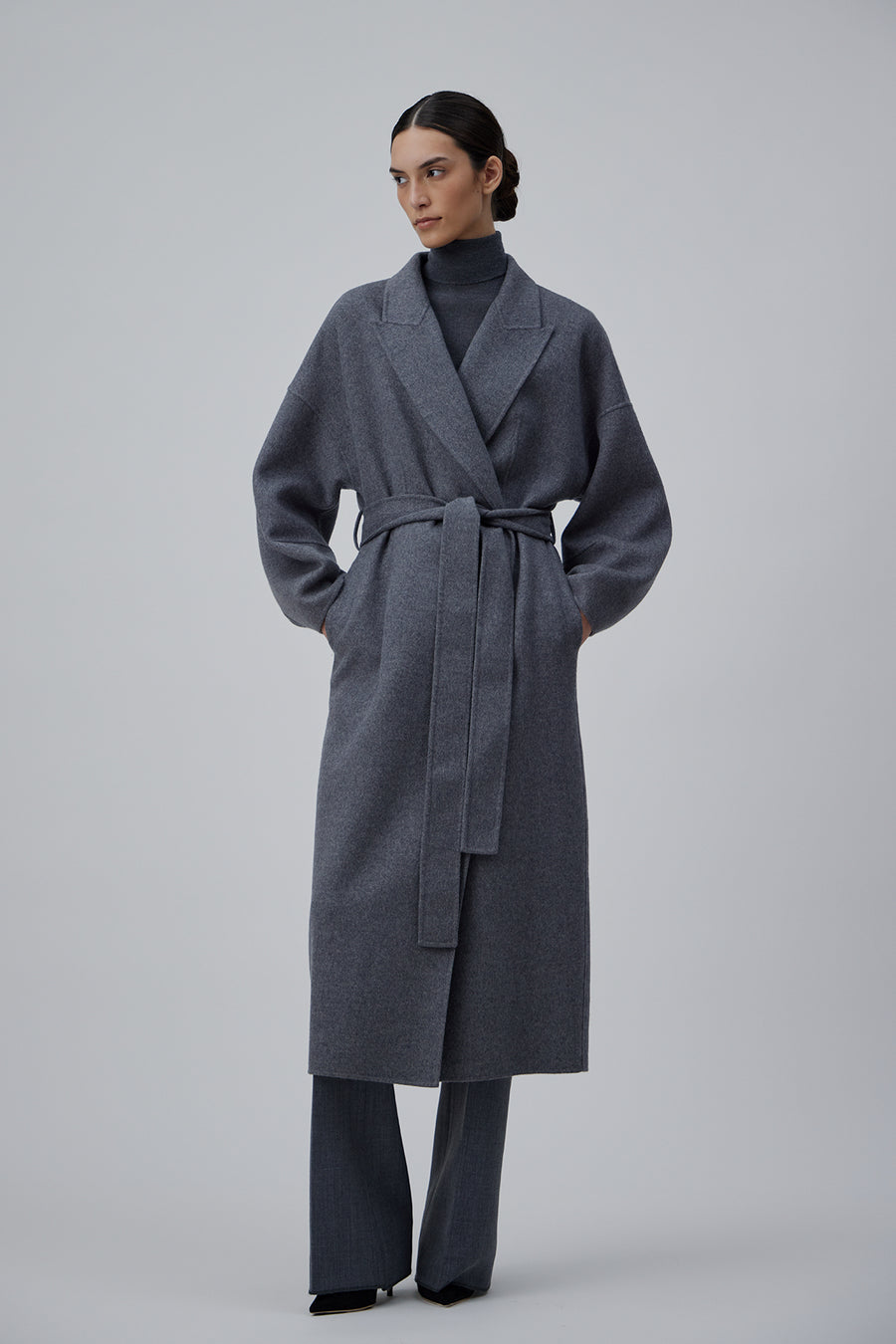 DOUBLE FACE WRAP CASHMERE COAT IN GREY