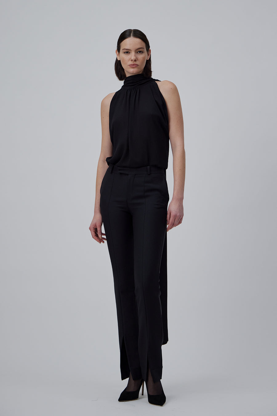 LAVALLIERE-NECK BLOUSE IN GLOSSY BLACK