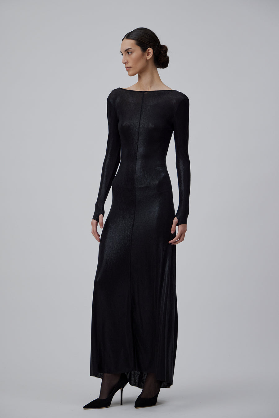 EVENING JERESEY DRESS WITH OPEN BACK IN SHINY BLACK