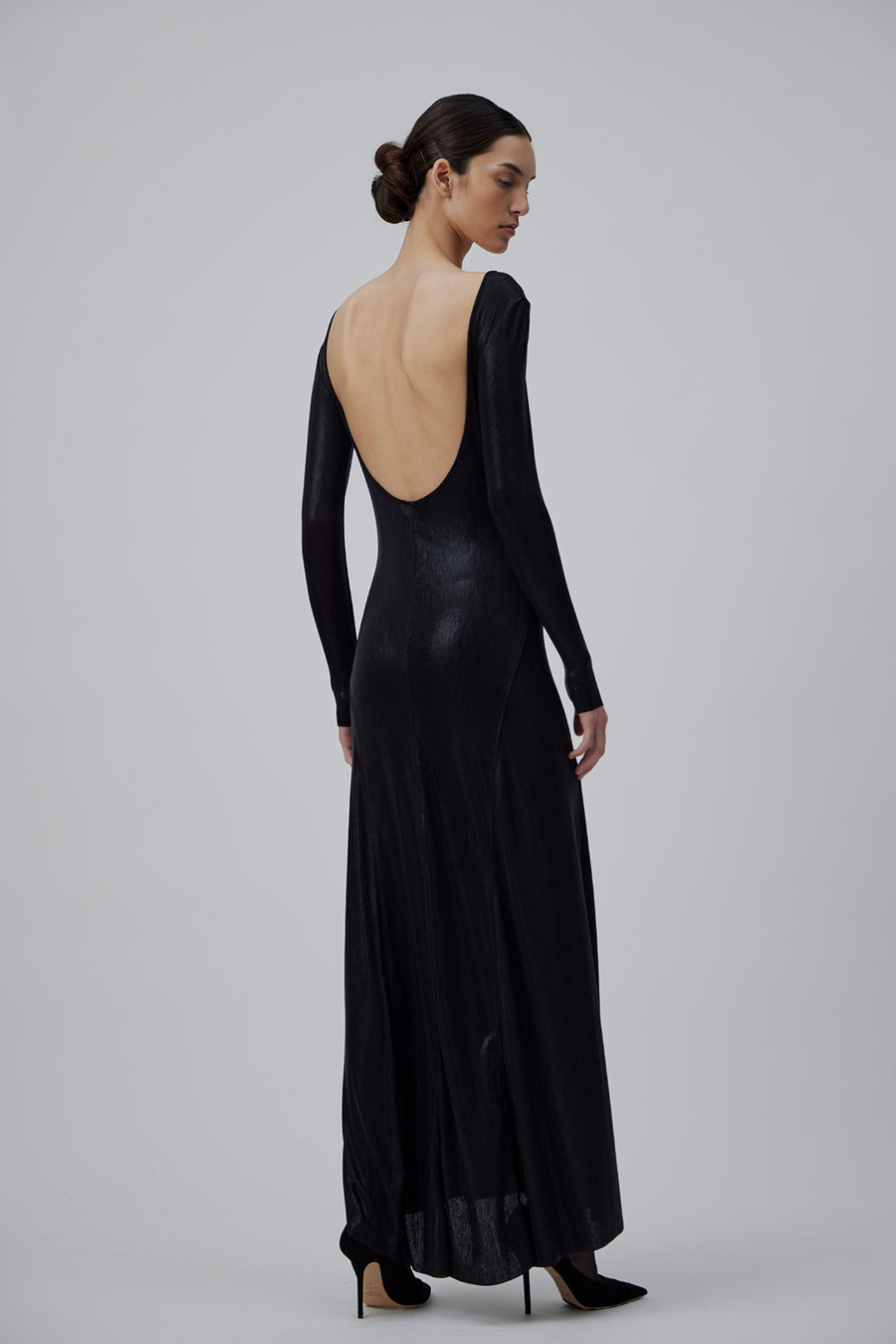 EVENING JERESEY DRESS WITH OPEN BACK IN SHINY BLACK