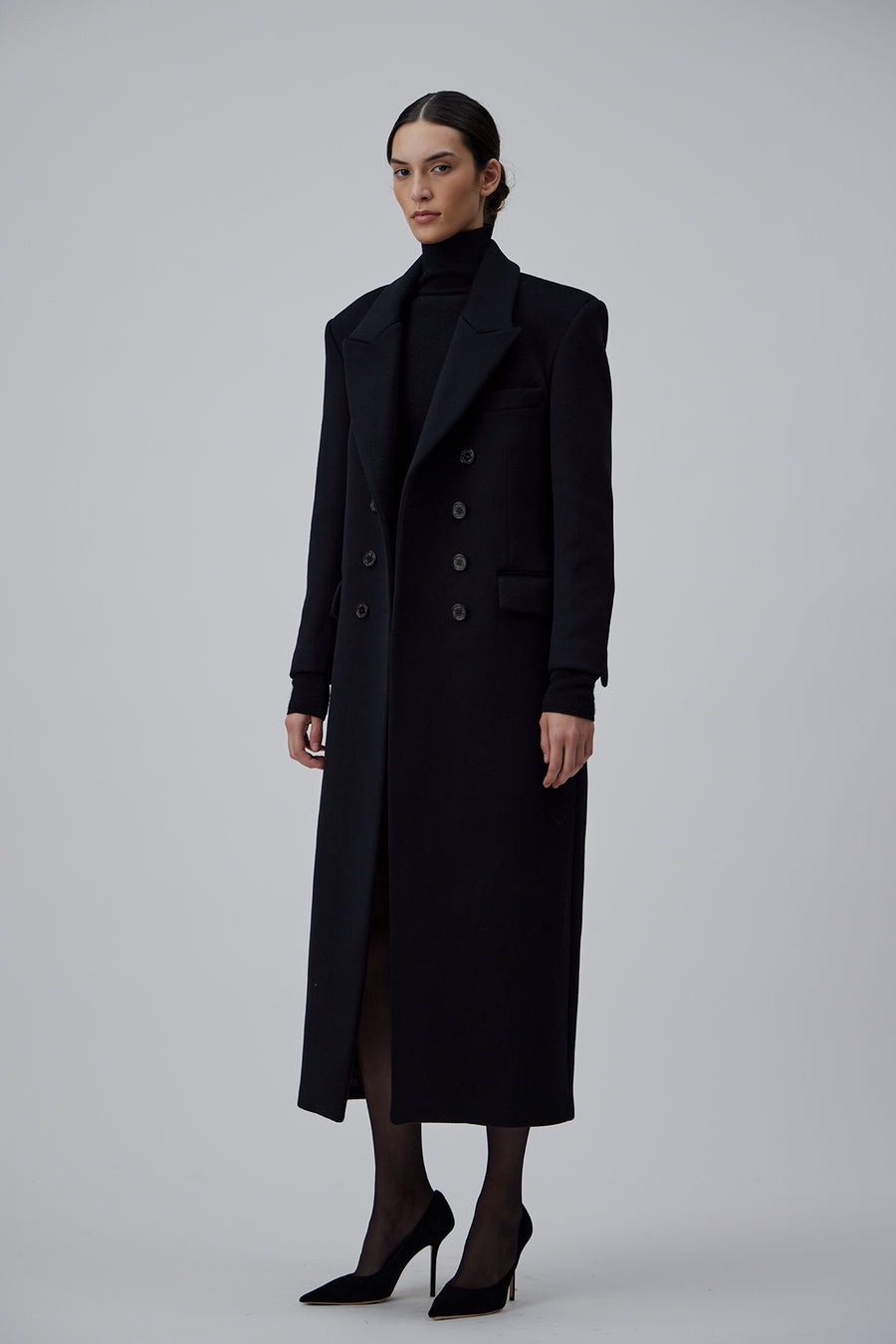 OVERSIZE DOUBLE BREASTED COAT WITH SIDE SLIT IN GLOSSY BLACK