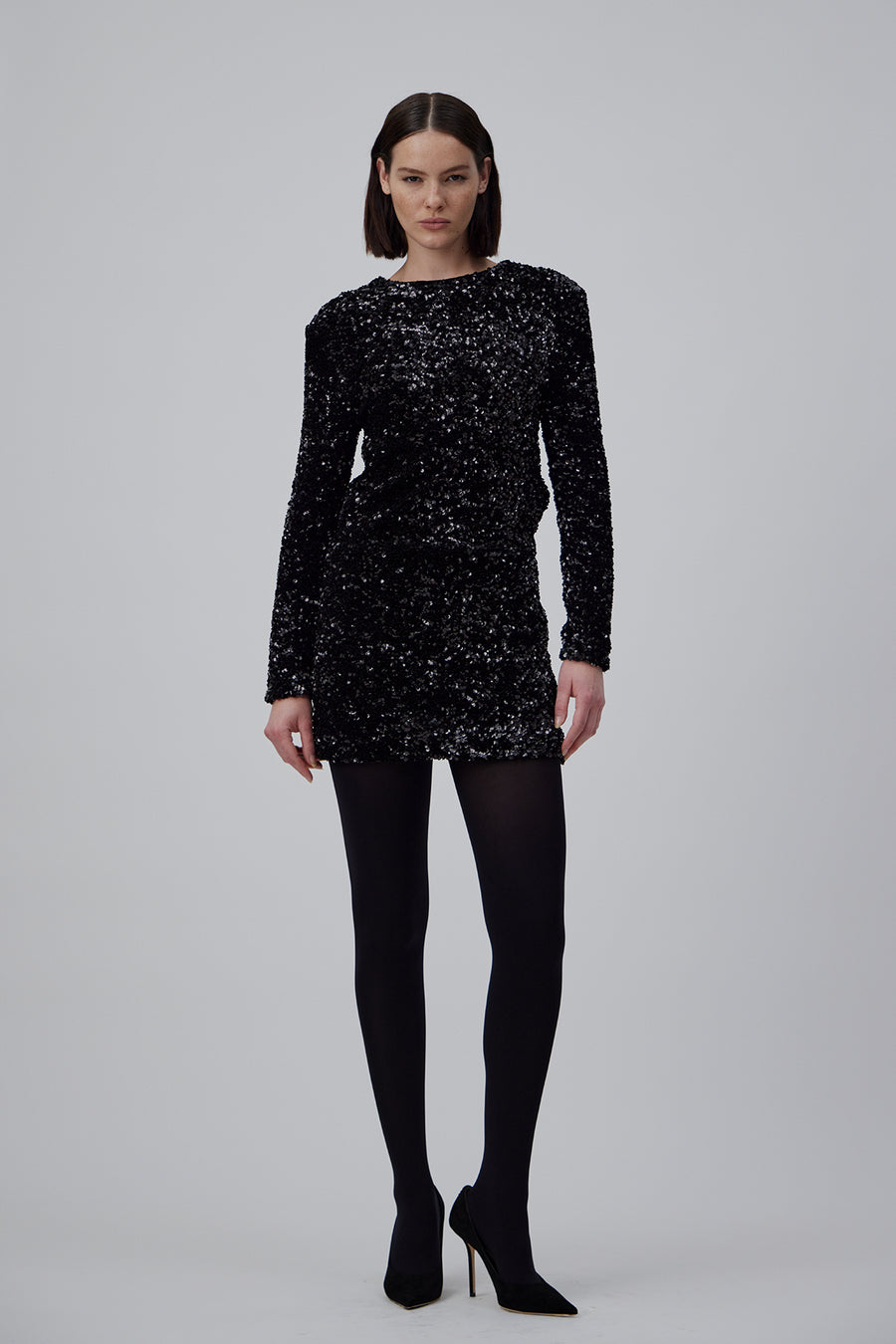 SEQUIN SHORT DRESS IN GLOSSY BLACK