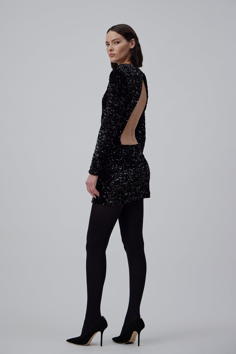 SEQUIN SHORT DRESS IN GLOSSY BLACK