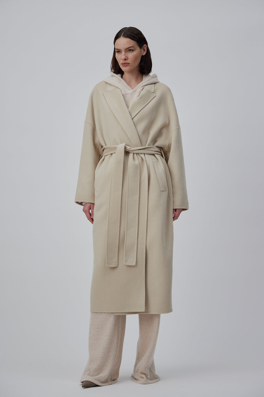 DOUBLE FACE WRAP CASHMERE COAT IN PEARL BEIGE