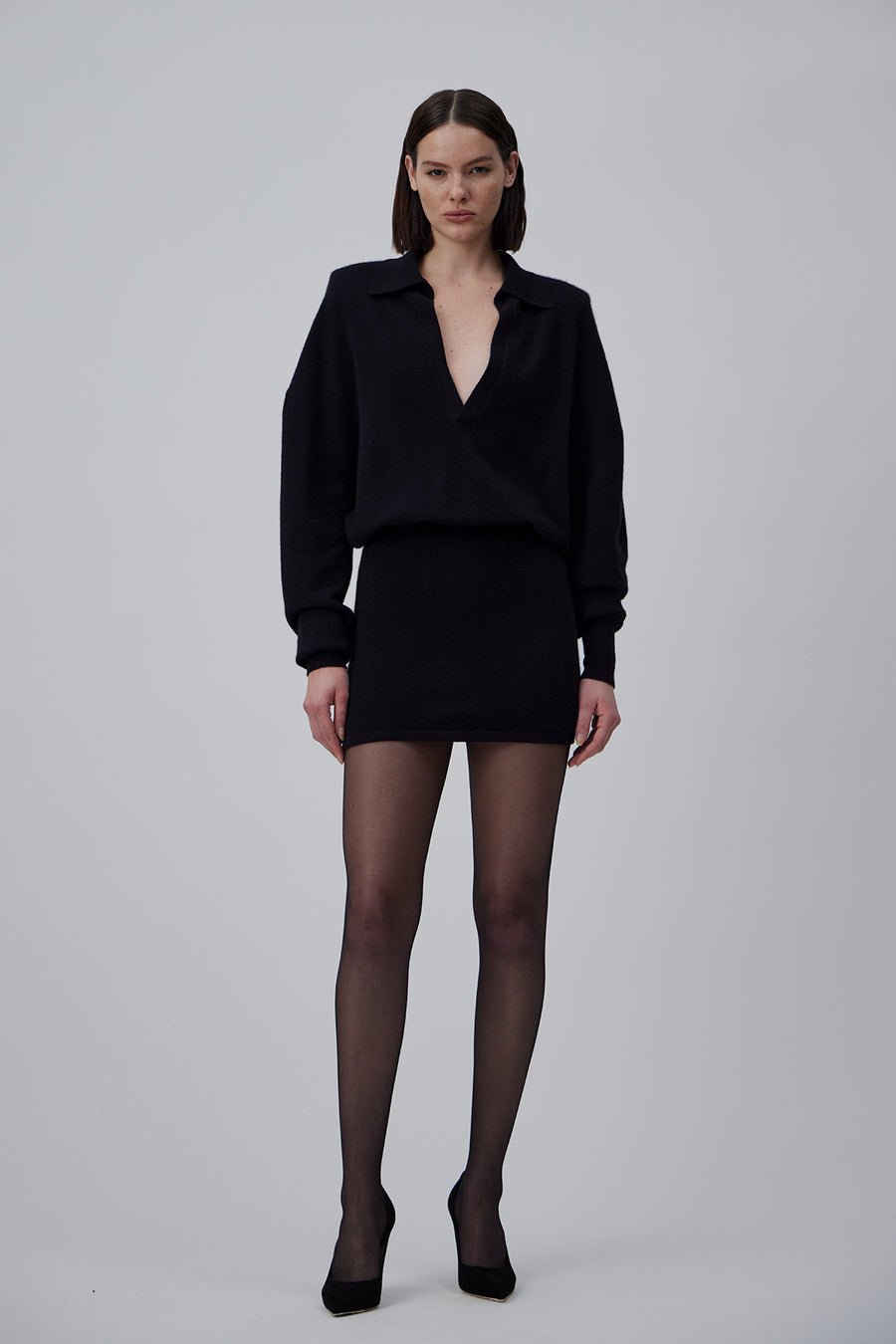 CASHMERE POLO-SHIRT OVERSIZE MINI DRESS IN GLOSSY BLACK