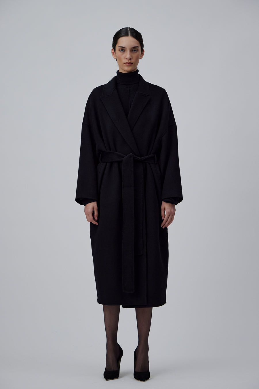 DOUBLE FACE WRAP CASHMERE COAT IN GLOSSY BLACK