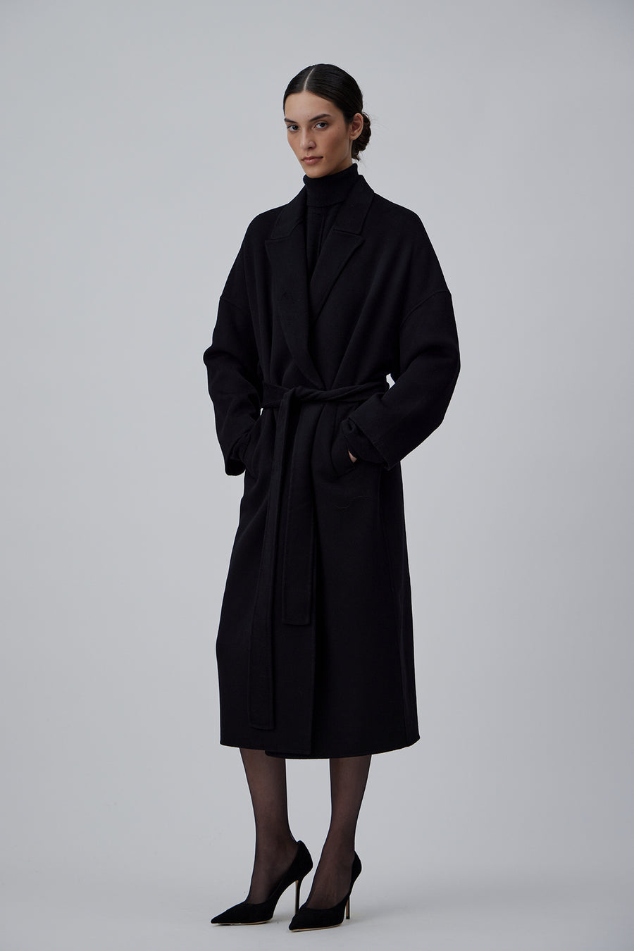 DOUBLE FACE WRAP CASHMERE COAT IN GLOSSY BLACK