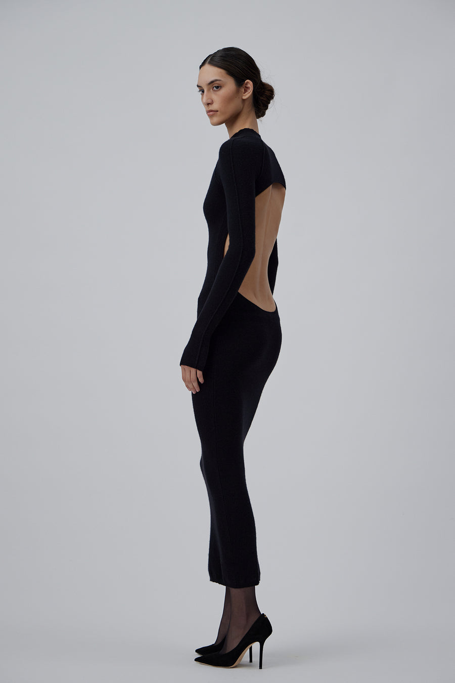 CASHMERE LONG TURTELNECK DRESS WITH OPEN BACK IN GLOSSY BLACK