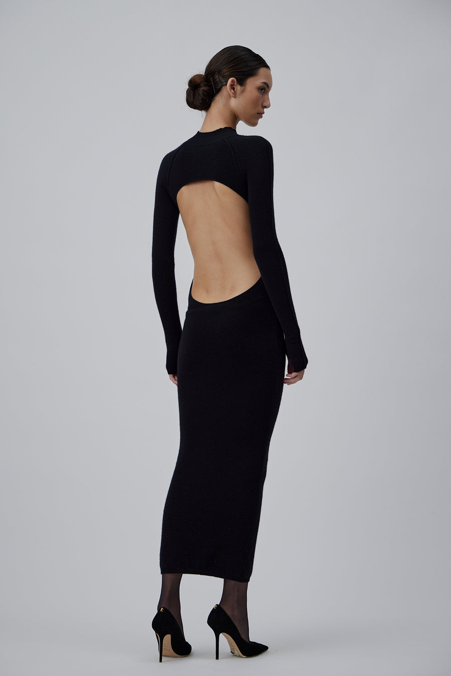 CASHMERE LONG TURTELNECK DRESS WITH OPEN BACK IN GLOSSY BLACK