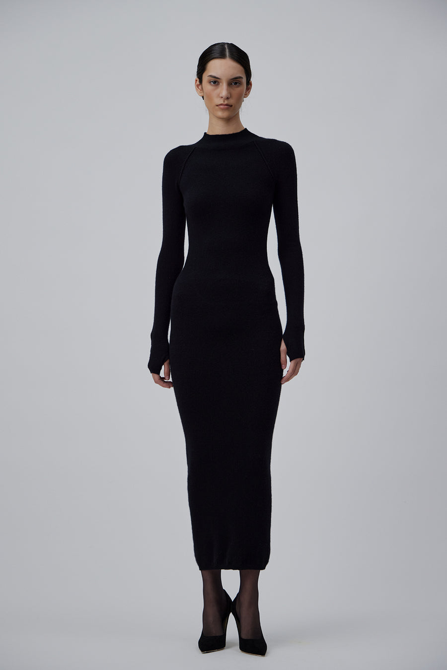 CASHMERE LONG TURTELNECK DRESS WITH OPEN BACK IN GLOSSY BLACK