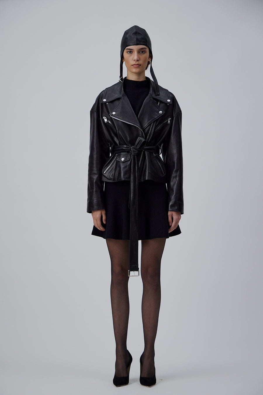 OVERSIZE LEATHER BIKER JACKET IN GLOSSY BLACK