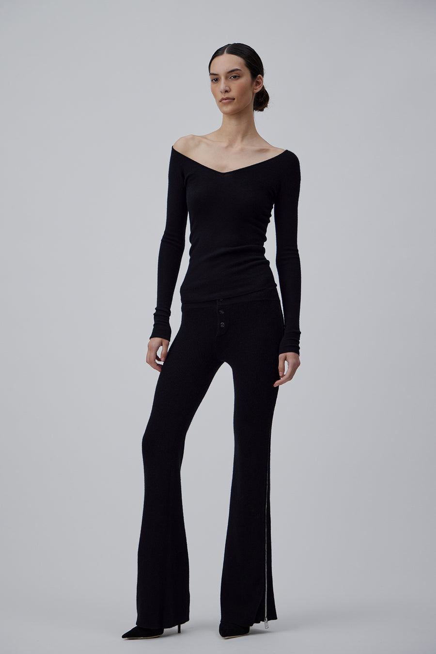 CASHMERE RIB WIDTH PANTS IN GLOSSY BLACK