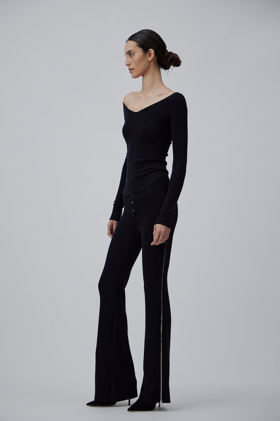 CASHMERE RIB WIDTH PANTS IN GLOSSY BLACK