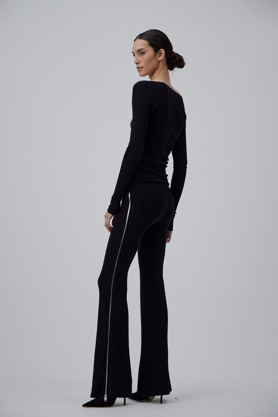 CASHMERE RIB WIDTH PANTS IN GLOSSY BLACK