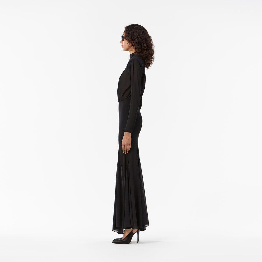 LONG HIGH-NECK DRESS IN BLACK SILK VOILE