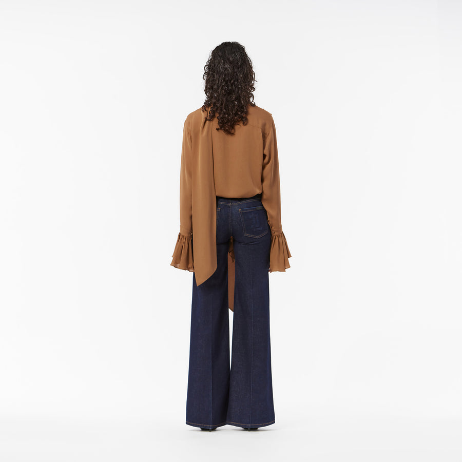 PLEATED SILK CHOFFONS BLOUSE IN PECANT BROWN