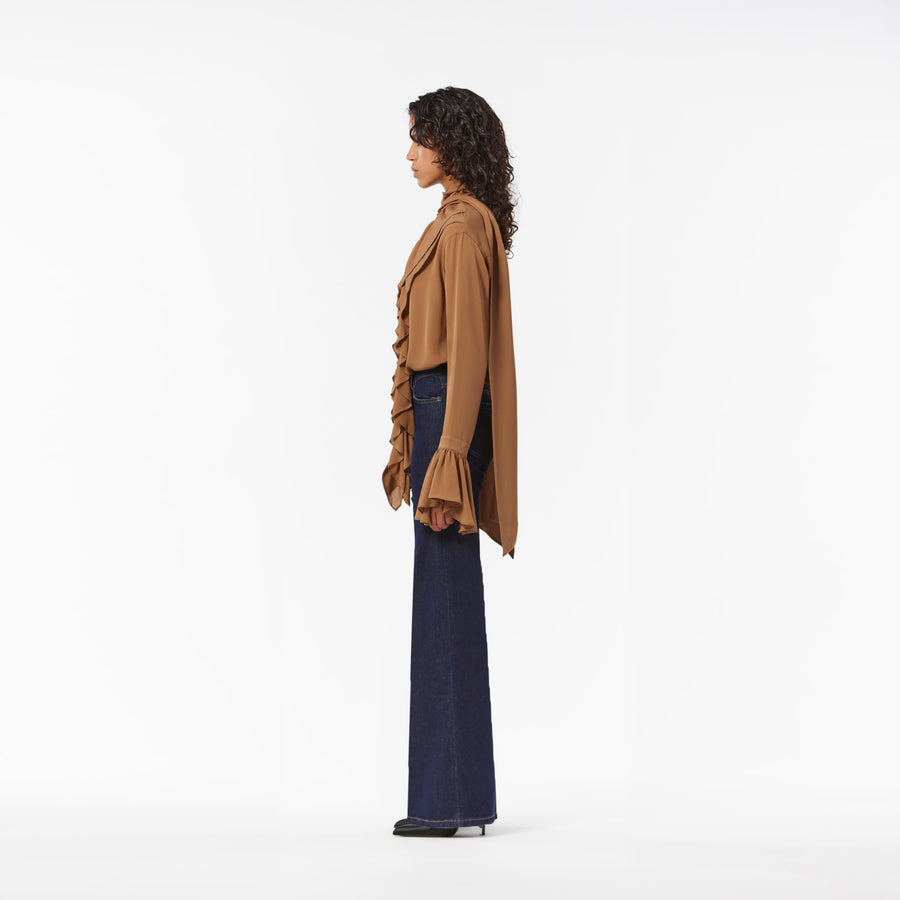PLEATED SILK CHOFFONS BLOUSE IN PECANT BROWN