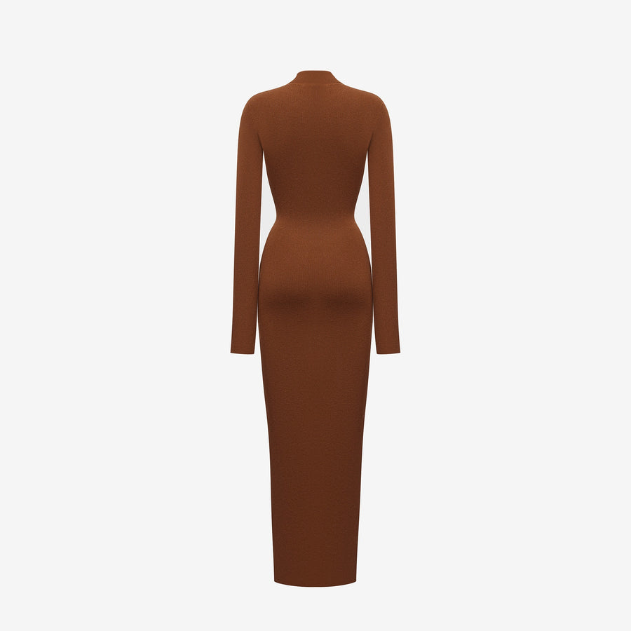 LONG DRESS IN PECANT BROWN  RIBBED CASHMERE