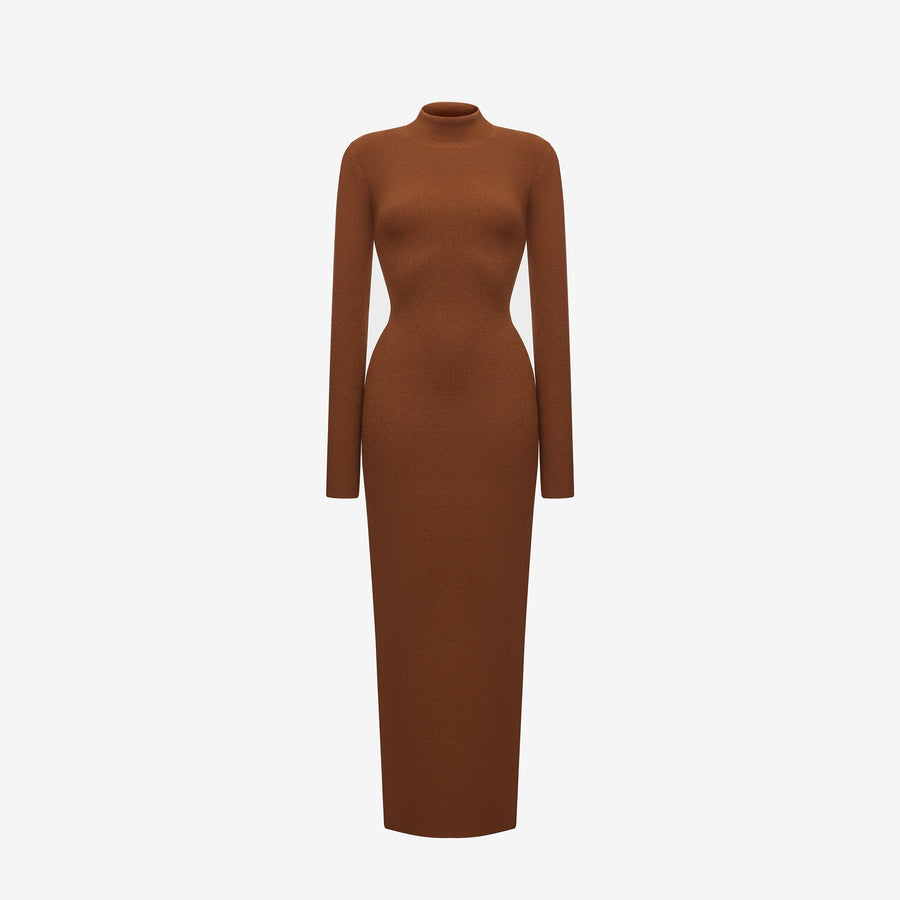 LONG DRESS IN PECANT BROWN  RIBBED CASHMERE