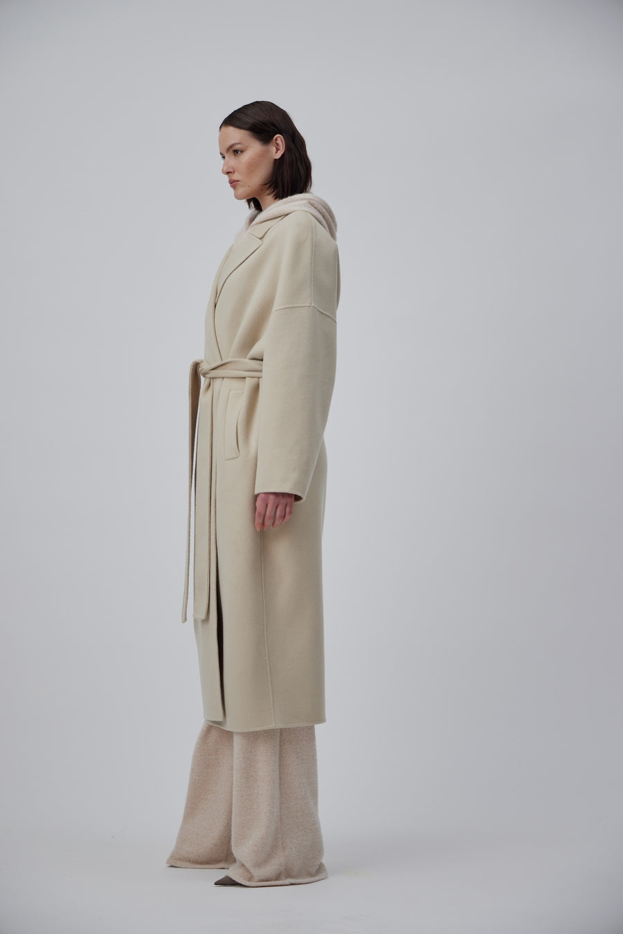 DOUBLE FACE WRAP CASHMERE COAT IN PEARL BEIGE