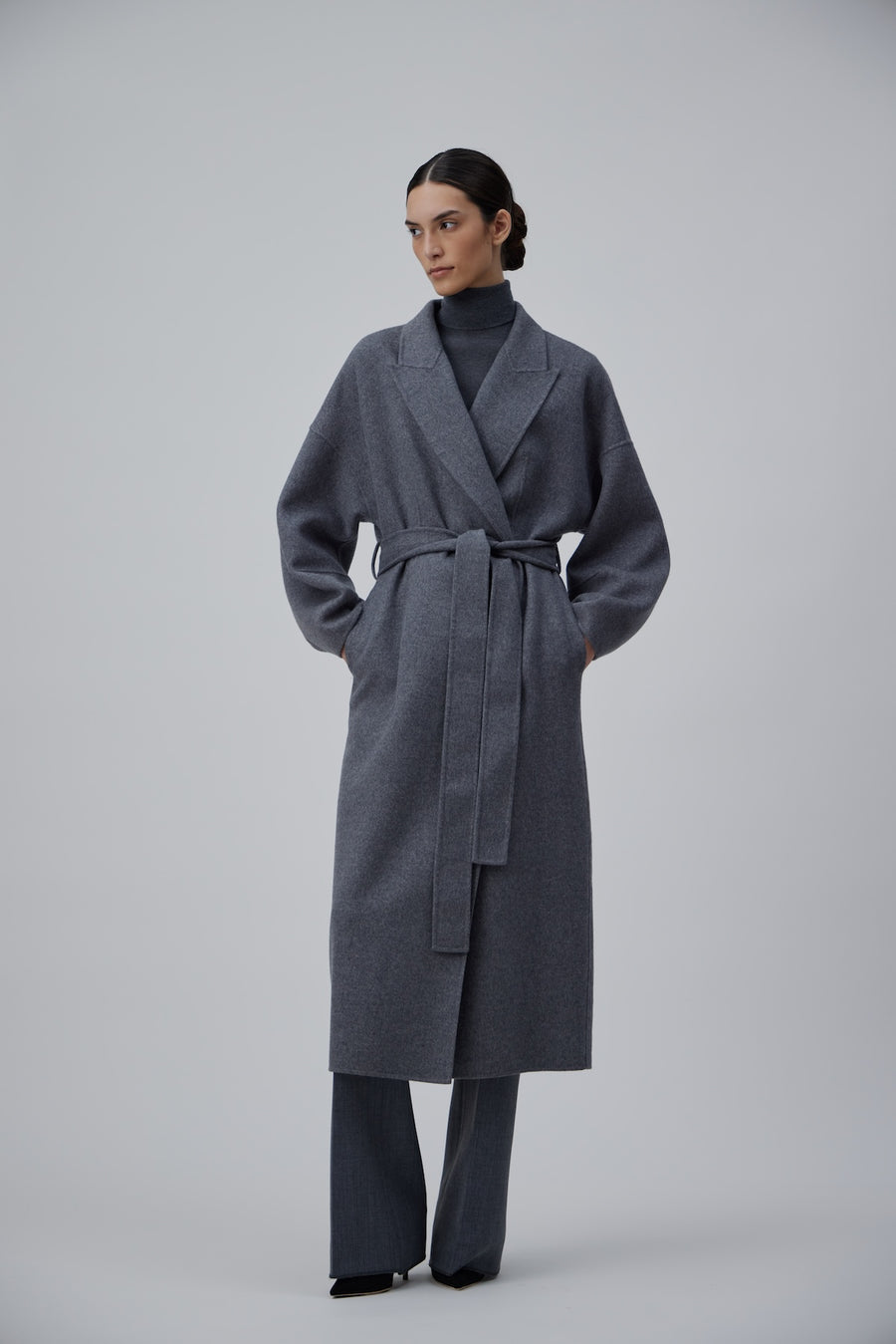 DOUBLE FACE WRAP CASHMERE COAT IN GREY