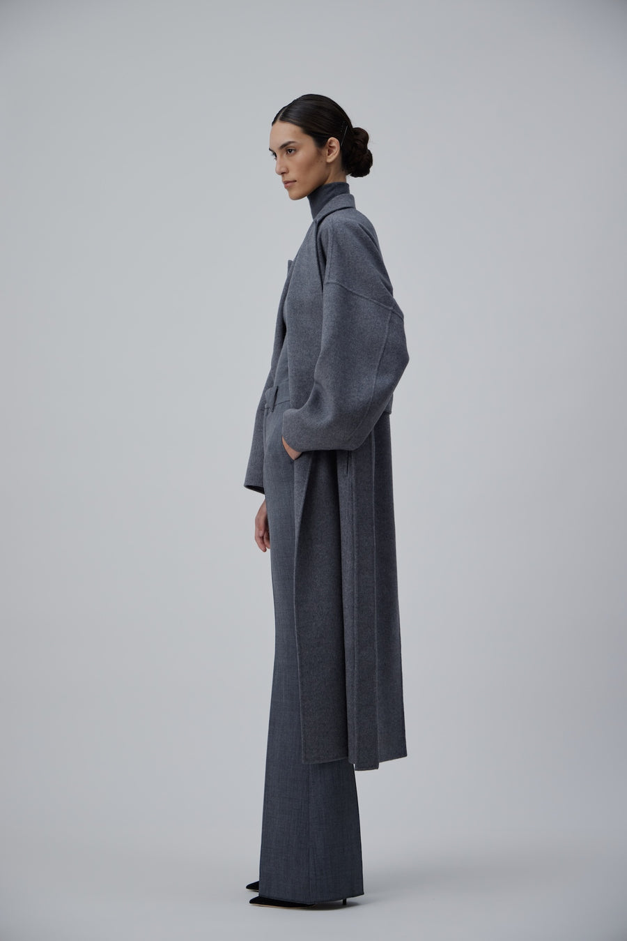 DOUBLE FACE WRAP CASHMERE COAT IN GREY