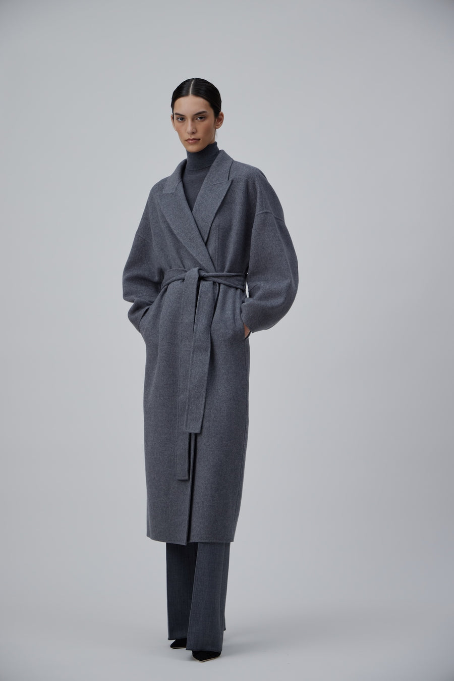 DOUBLE FACE WRAP CASHMERE COAT IN GREY