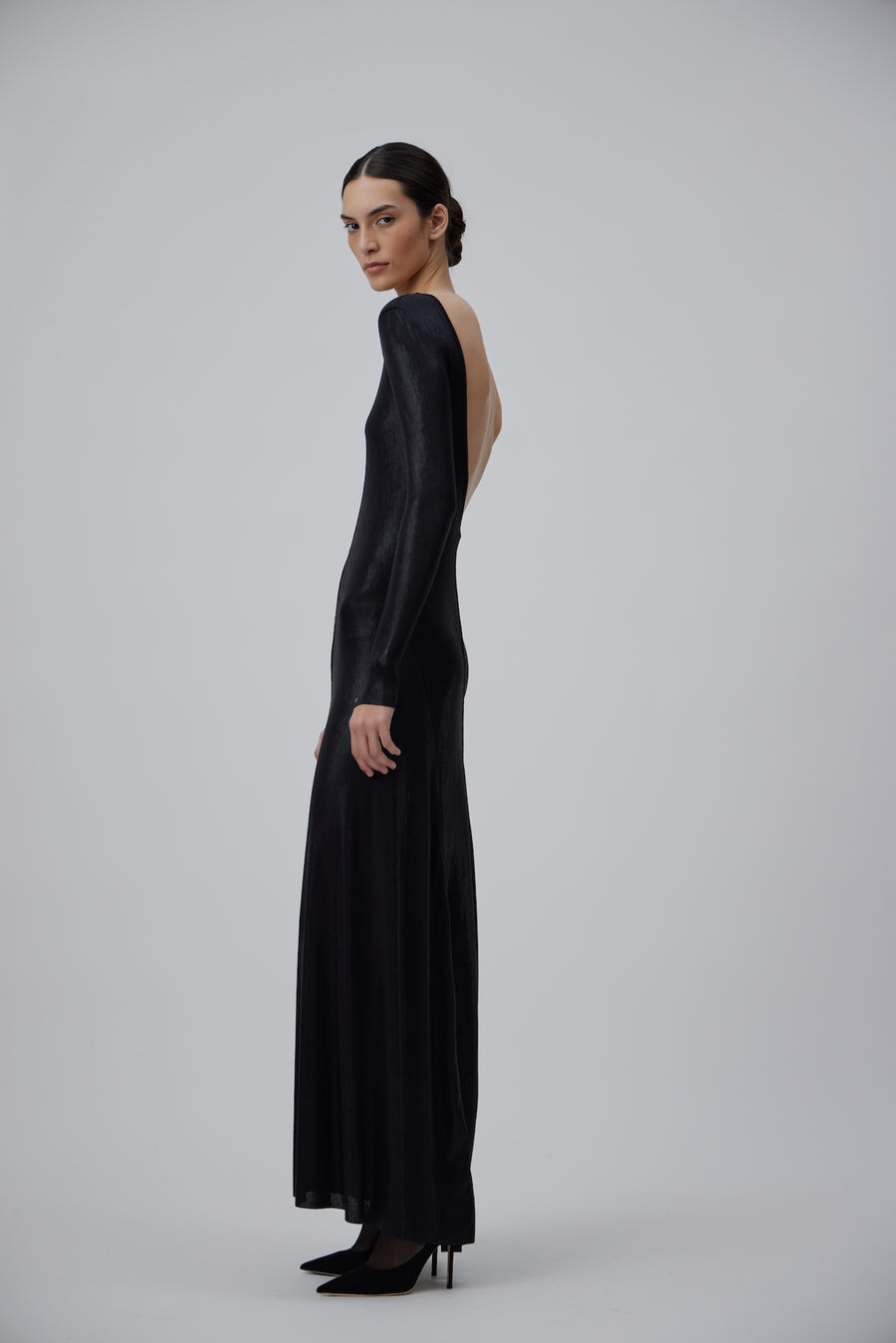 EVENING JERESEY DRESS WITH OPEN BACK IN SHINY BLACK