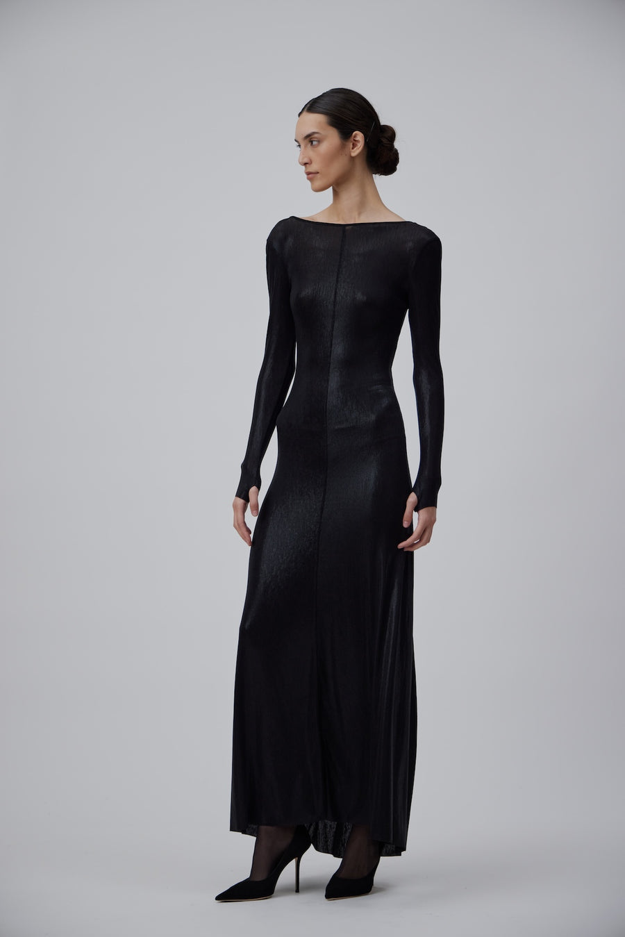 EVENING JERESEY DRESS WITH OPEN BACK IN SHINY BLACK