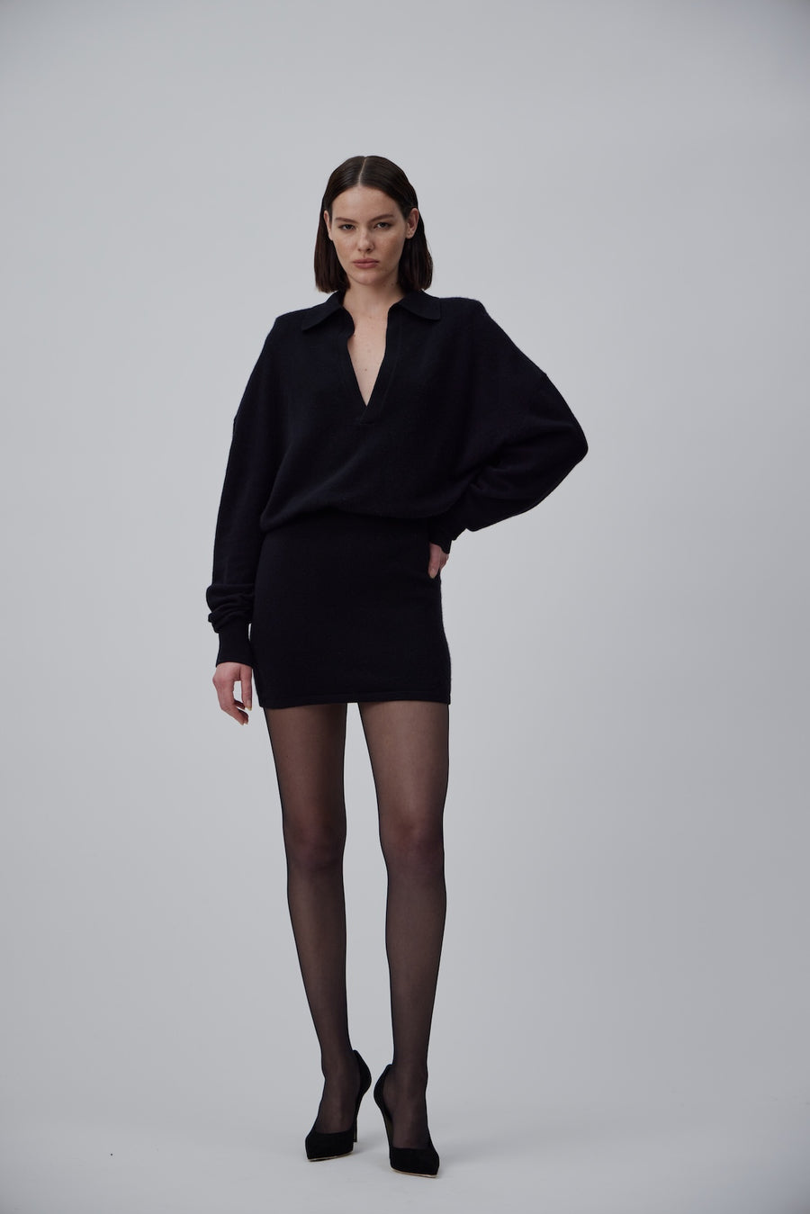 CASHMERE POLO-SHIRT OVERSIZE MINI DRESS IN GLOSSY BLACK