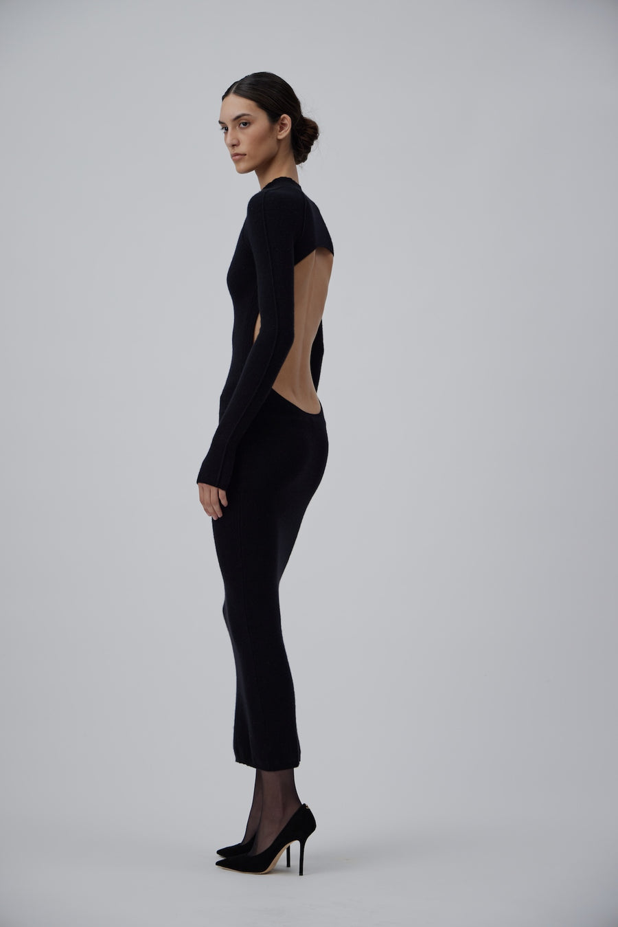 CASHMERE LONG TURTELNECK DRESS WITH OPEN BACK IN GLOSSY BLACK