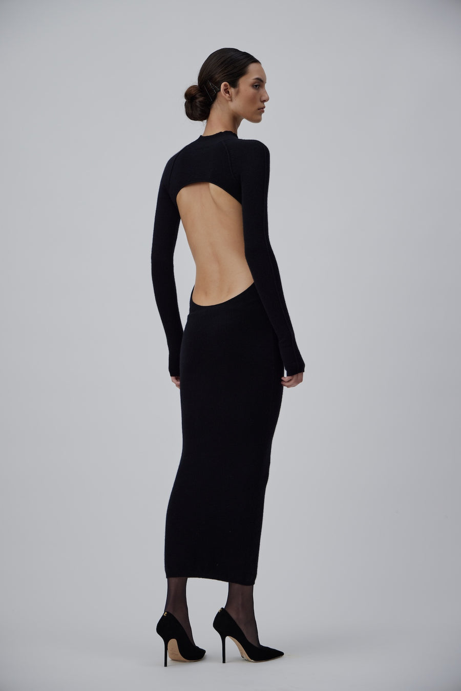 CASHMERE LONG TURTELNECK DRESS WITH OPEN BACK IN GLOSSY BLACK