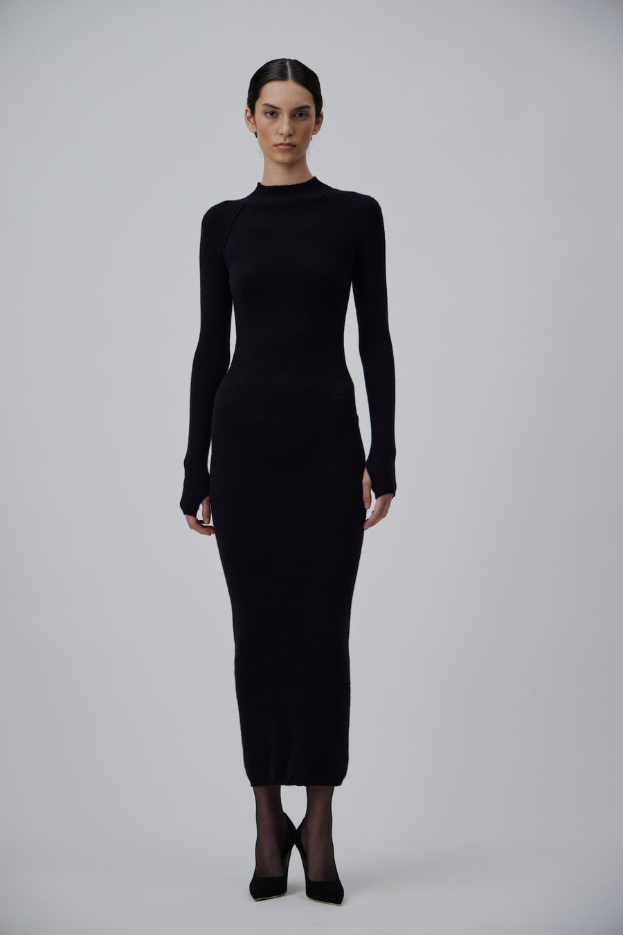 CASHMERE LONG TURTELNECK DRESS WITH OPEN BACK IN GLOSSY BLACK