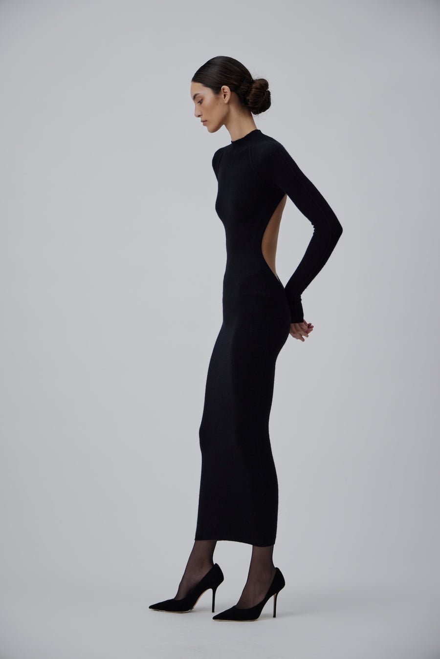 CASHMERE LONG TURTELNECK DRESS WITH OPEN BACK IN GLOSSY BLACK