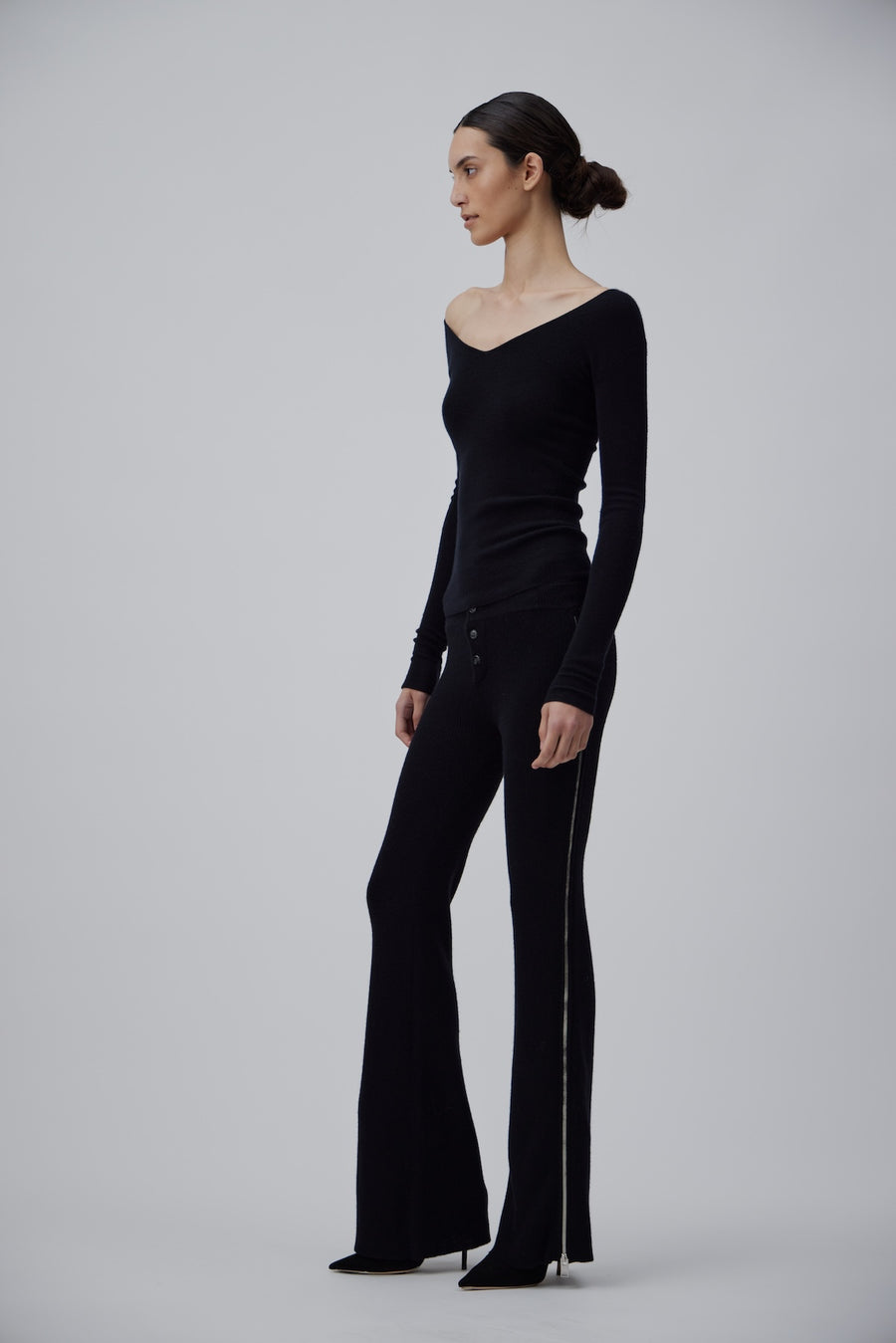 CASHMERE RIB WIDTH PANTS IN GLOSSY BLACK