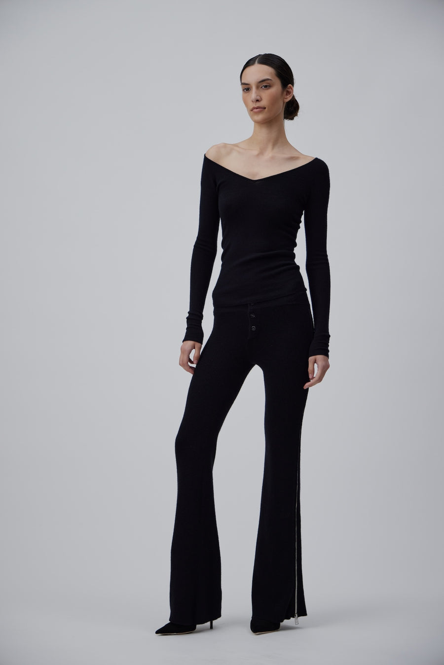 CASHMERE RIB WIDTH PANTS IN GLOSSY BLACK