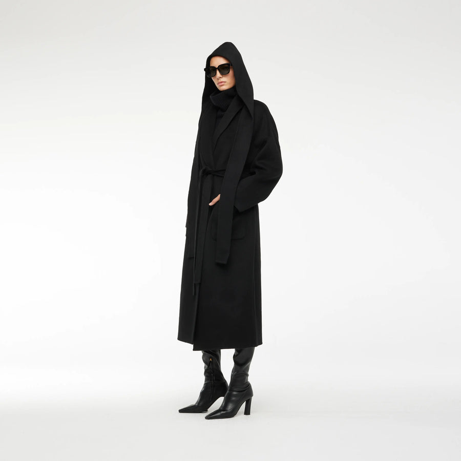CASHMERE COAT WITH REMOVABLE SCARF CAP IN BLACK