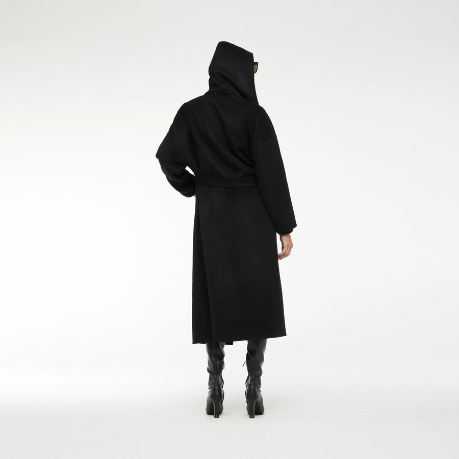 CASHMERE COAT WITH REMOVABLE SCARF CAP IN BLACK