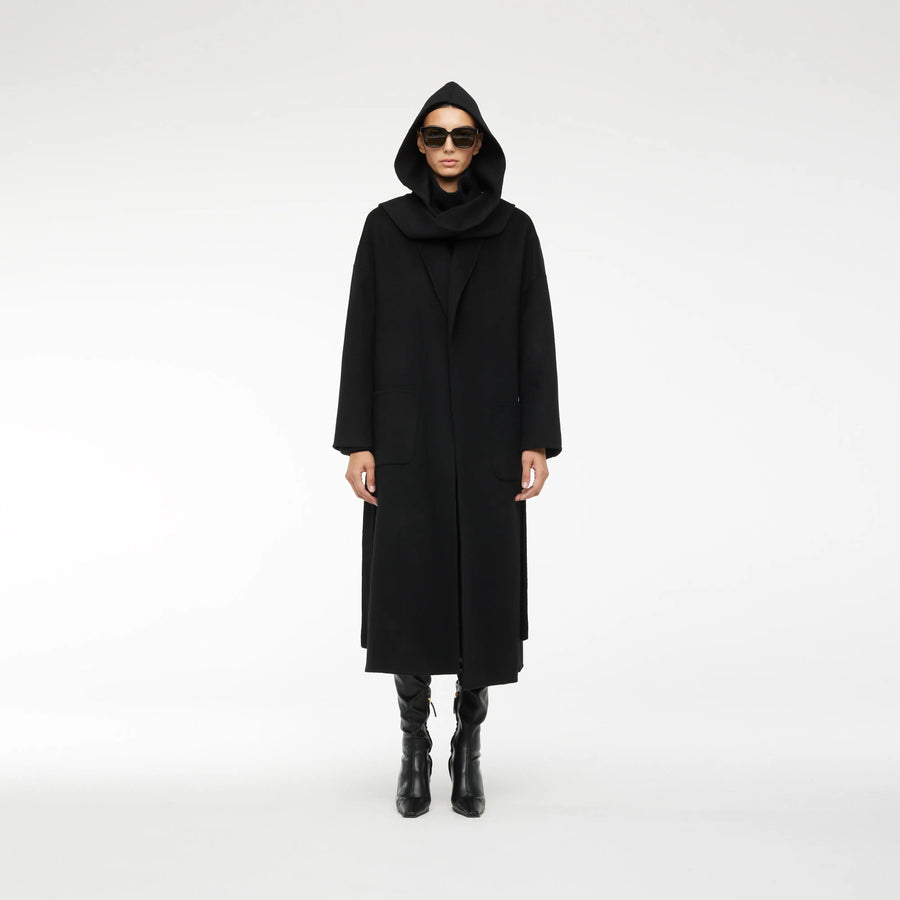 CASHMERE COAT WITH REMOVABLE SCARF CAP IN BLACK