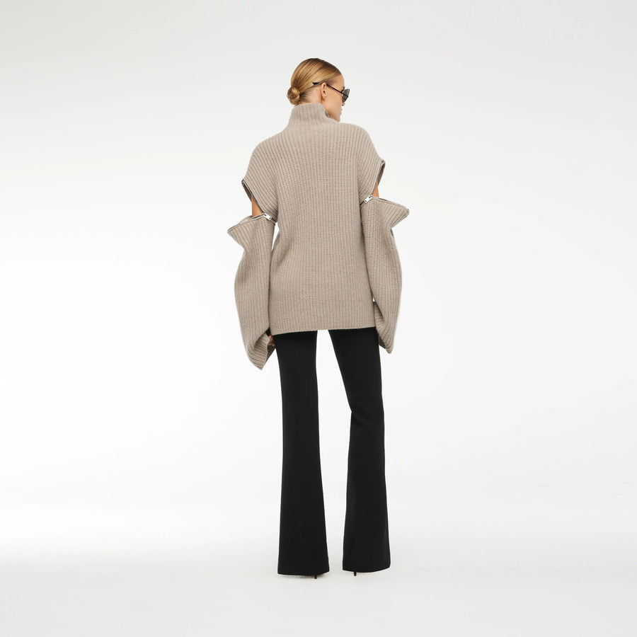 CASHMIRE RIB SWEATER WITH REMOVABLE SLEEVE IN MOCCA