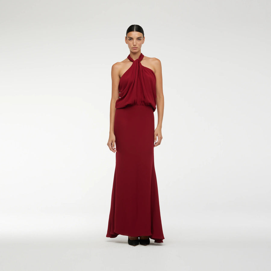 SLEEVELESS EVENING DRESS IN NEW RED CREPE SILK