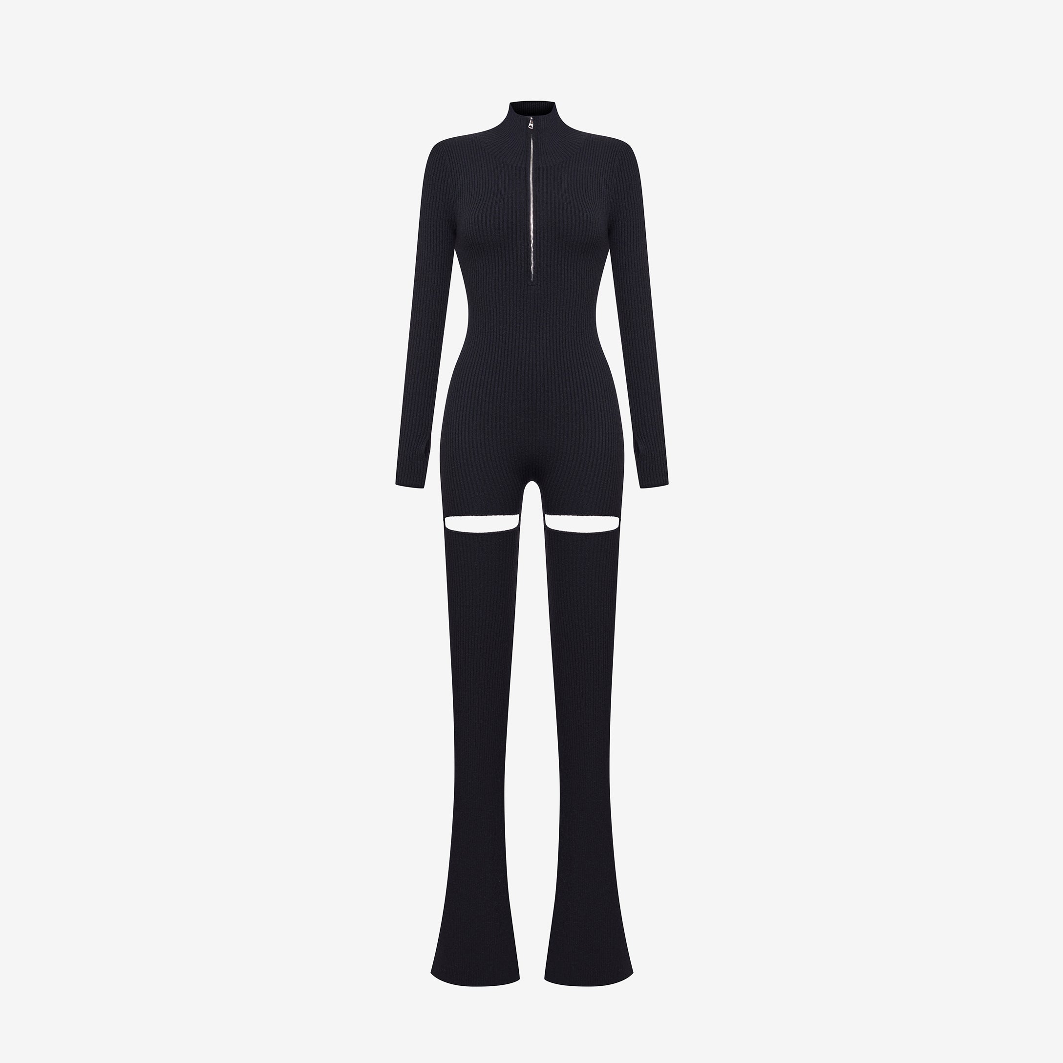 JUMPSUIT IN BLACK CASHMERE WITH CUT-OUT BACK AND REMVABLE LEGS – JACOB LEE