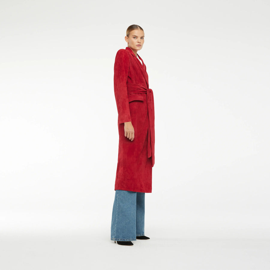 WRAP COAT IN NEW RED  LAMB SUEDE