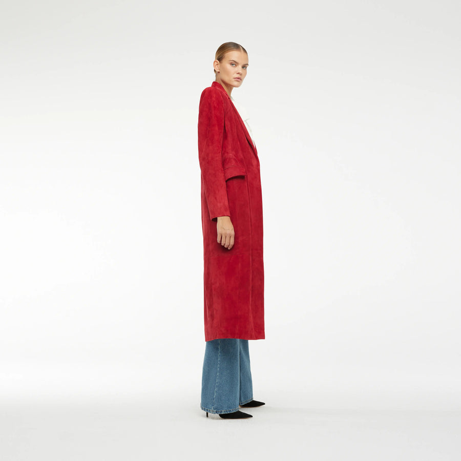 WRAP COAT IN NEW RED  LAMB SUEDE