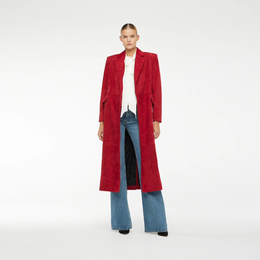 WRAP COAT IN NEW RED  LAMB SUEDE