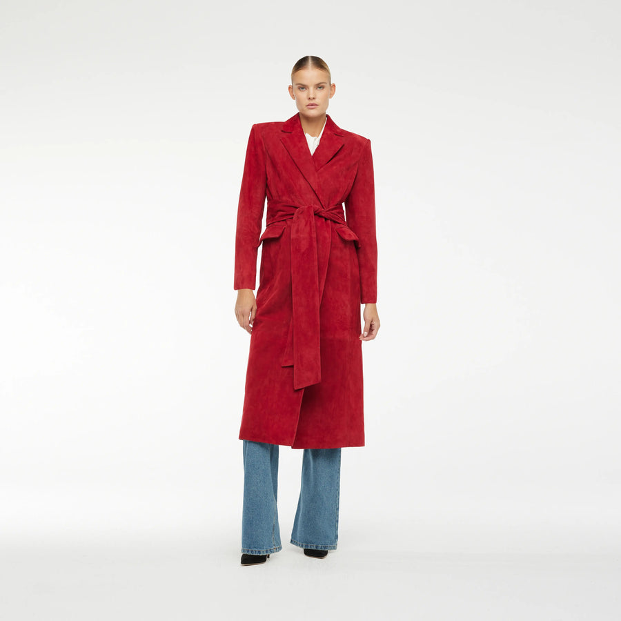 WRAP COAT IN NEW RED  LAMB SUEDE