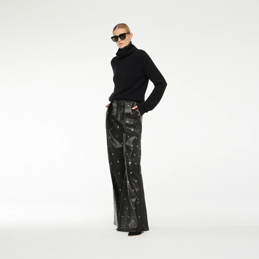 LOOSE FIT LEATHER PANTS WITH EYELETS IN GLOSSY BLACK